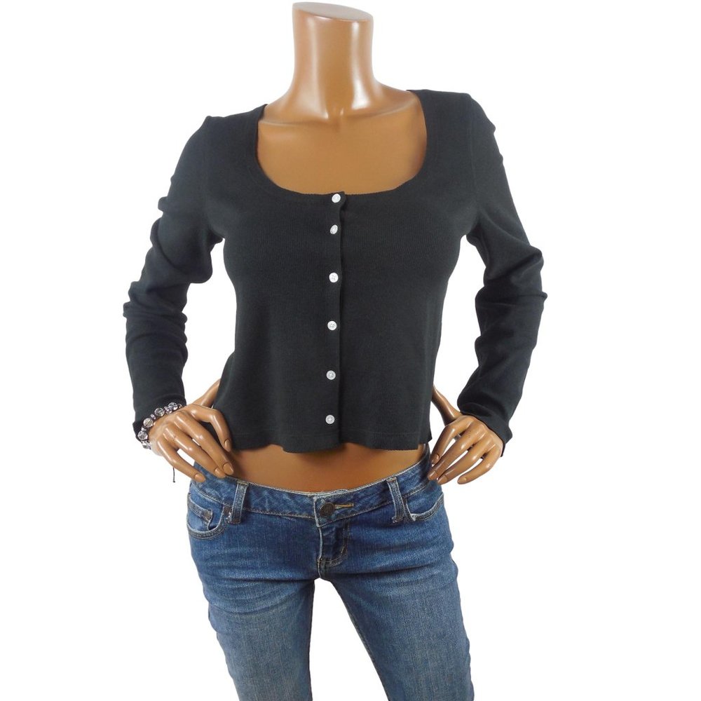 J. CREW Top M Black Knit Cardigan Button Down Cropped Shirt Long Sleeves Casual